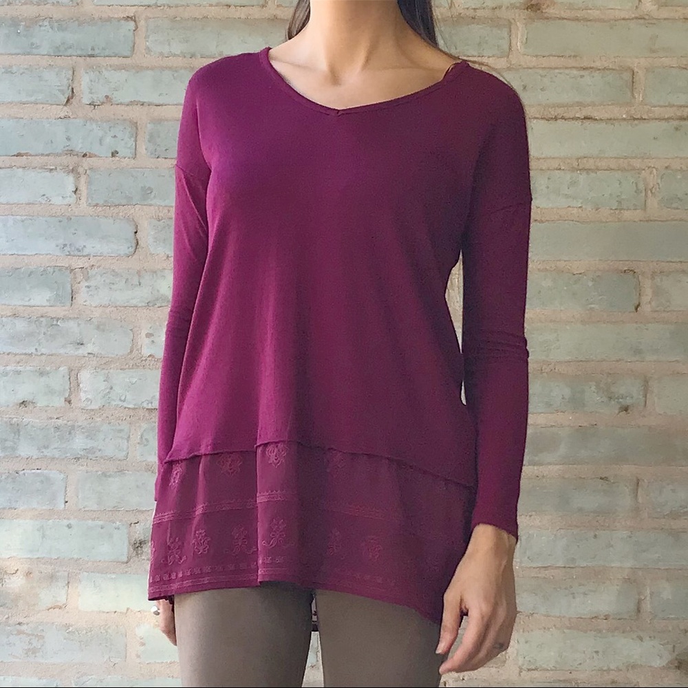 Cloud Chaser Top Burgundy Maroon Chiffon Lace Tunic Long Sleeve Tee